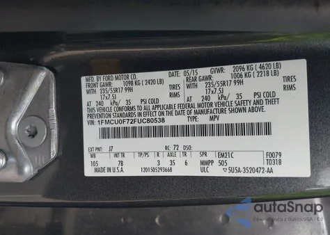 2015 Ford Escape S z USA, uszkodzony, nr VIN 1FMCU0F72FUC80538